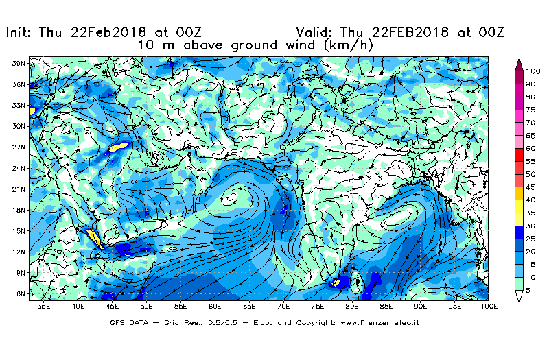 Mappa di analisi GFS - Velocità del vento a 10 metri dal suolo [km/h] in Asia Sud-Occidentale
							del 22/02/2018 00 <!--googleoff: index-->UTC<!--googleon: index-->