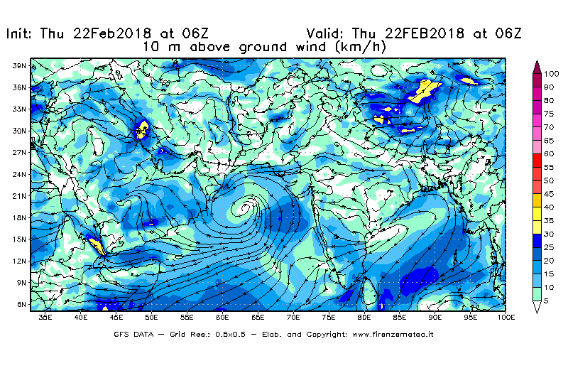 Mappa di analisi GFS - Velocità del vento a 10 metri dal suolo [km/h] in Asia Sud-Occidentale
							del 22/02/2018 06 <!--googleoff: index-->UTC<!--googleon: index-->