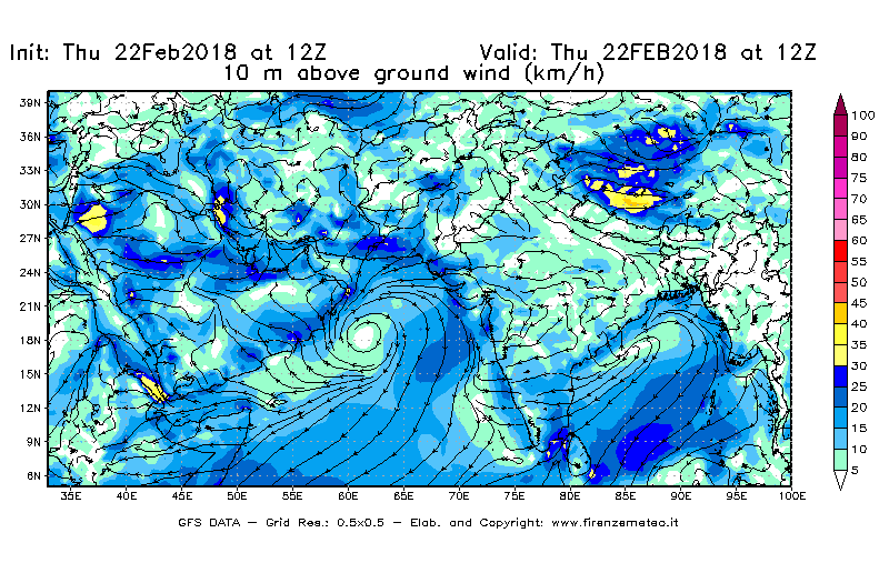 Mappa di analisi GFS - Velocità del vento a 10 metri dal suolo [km/h] in Asia Sud-Occidentale
							del 22/02/2018 12 <!--googleoff: index-->UTC<!--googleon: index-->