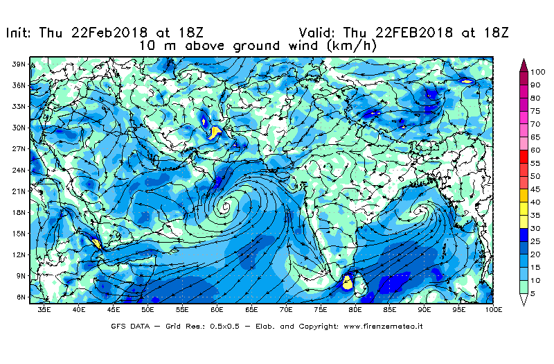 Mappa di analisi GFS - Velocità del vento a 10 metri dal suolo [km/h] in Asia Sud-Occidentale
							del 22/02/2018 18 <!--googleoff: index-->UTC<!--googleon: index-->