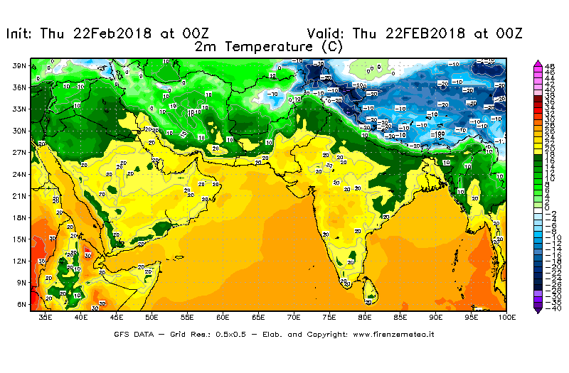 Mappa di analisi GFS - Temperatura a 2 metri dal suolo [°C] in Asia Sud-Occidentale
							del 22/02/2018 00 <!--googleoff: index-->UTC<!--googleon: index-->