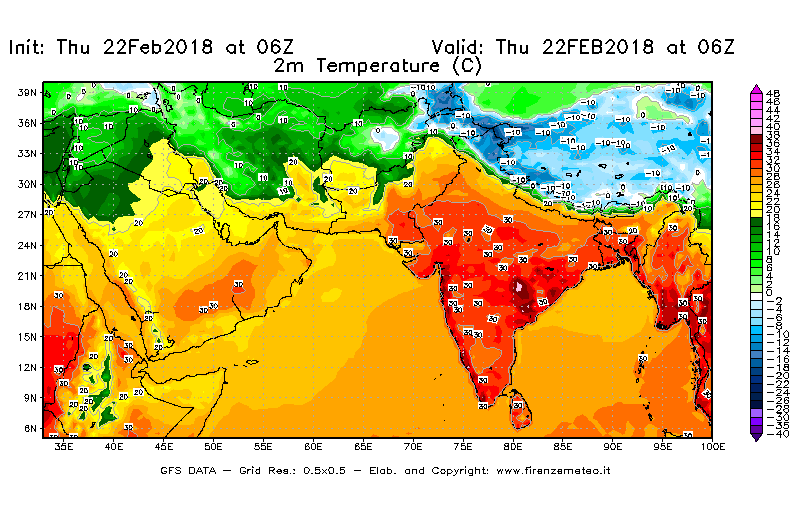 Mappa di analisi GFS - Temperatura a 2 metri dal suolo [°C] in Asia Sud-Occidentale
							del 22/02/2018 06 <!--googleoff: index-->UTC<!--googleon: index-->