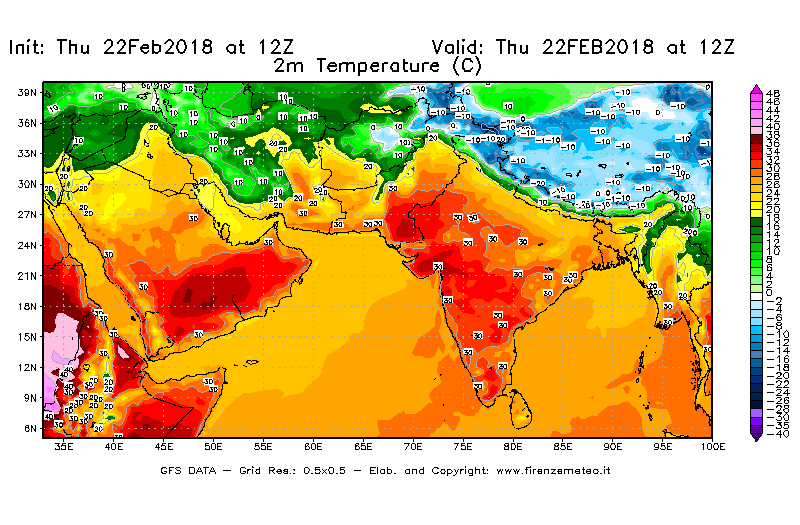 Mappa di analisi GFS - Temperatura a 2 metri dal suolo [°C] in Asia Sud-Occidentale
							del 22/02/2018 12 <!--googleoff: index-->UTC<!--googleon: index-->