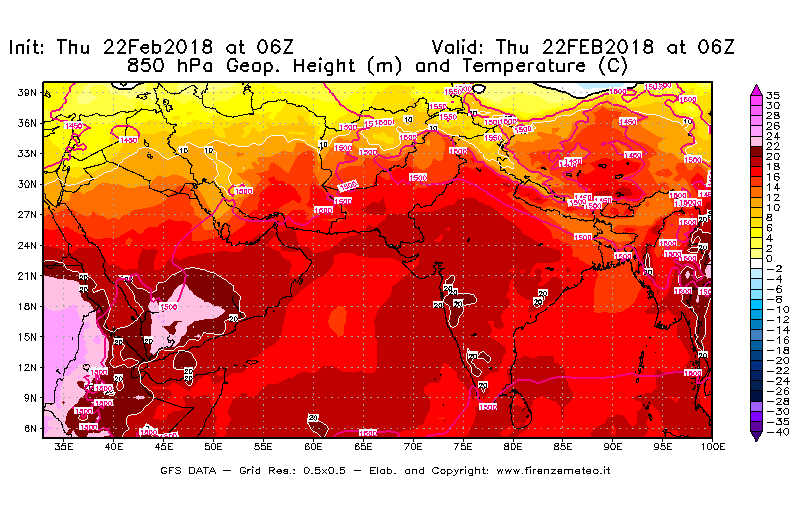 Mappa di analisi GFS - Geopotenziale [m] e Temperatura [°C] a 850 hPa in Asia Sud-Occidentale
							del 22/02/2018 06 <!--googleoff: index-->UTC<!--googleon: index-->