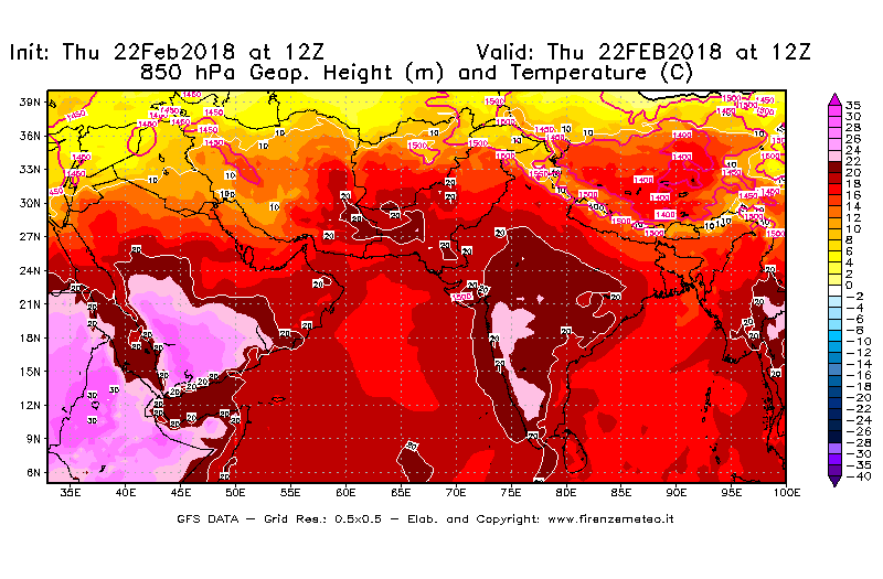 Mappa di analisi GFS - Geopotenziale [m] e Temperatura [°C] a 850 hPa in Asia Sud-Occidentale
							del 22/02/2018 12 <!--googleoff: index-->UTC<!--googleon: index-->