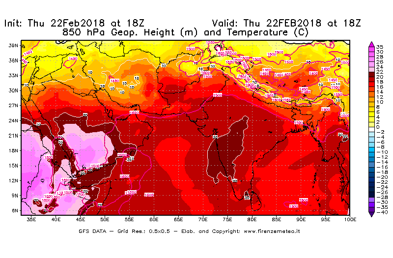 Mappa di analisi GFS - Geopotenziale [m] e Temperatura [°C] a 850 hPa in Asia Sud-Occidentale
							del 22/02/2018 18 <!--googleoff: index-->UTC<!--googleon: index-->