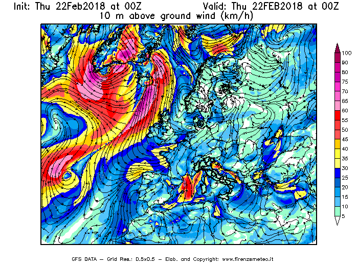 Mappa di analisi GFS - Velocità del vento a 10 metri dal suolo [km/h] in Europa
							del 22/02/2018 00 <!--googleoff: index-->UTC<!--googleon: index-->