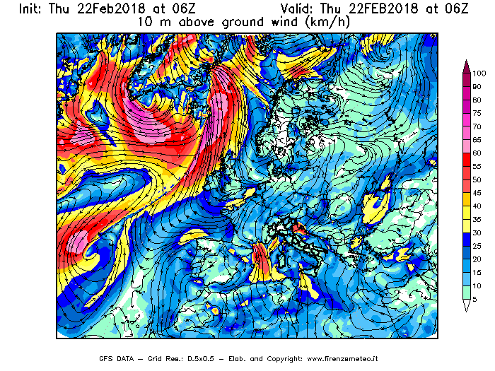 Mappa di analisi GFS - Velocità del vento a 10 metri dal suolo [km/h] in Europa
							del 22/02/2018 06 <!--googleoff: index-->UTC<!--googleon: index-->