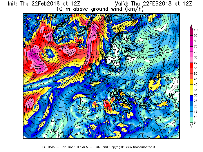 Mappa di analisi GFS - Velocità del vento a 10 metri dal suolo [km/h] in Europa
							del 22/02/2018 12 <!--googleoff: index-->UTC<!--googleon: index-->
