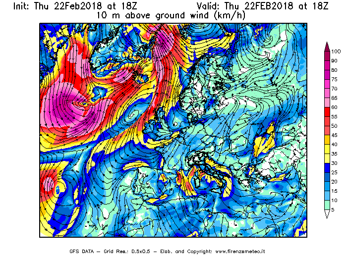 Mappa di analisi GFS - Velocità del vento a 10 metri dal suolo [km/h] in Europa
							del 22/02/2018 18 <!--googleoff: index-->UTC<!--googleon: index-->
