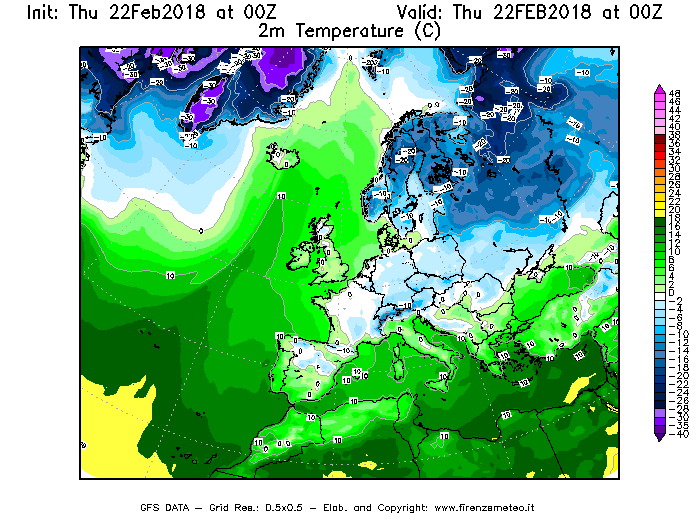 Mappa di analisi GFS - Temperatura a 2 metri dal suolo [°C] in Europa
							del 22/02/2018 00 <!--googleoff: index-->UTC<!--googleon: index-->