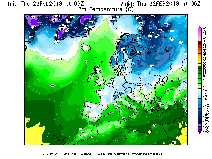Mappa di analisi GFS - Temperatura a 2 metri dal suolo [°C] in Europa
							del 22/02/2018 06 <!--googleoff: index-->UTC<!--googleon: index-->