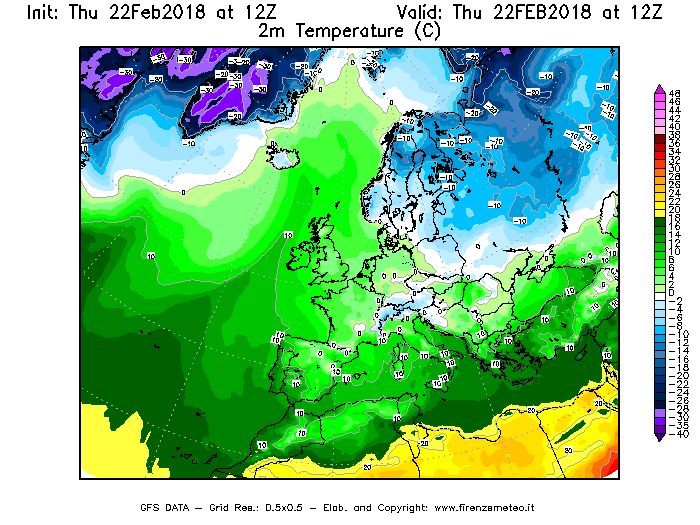 Mappa di analisi GFS - Temperatura a 2 metri dal suolo [°C] in Europa
							del 22/02/2018 12 <!--googleoff: index-->UTC<!--googleon: index-->