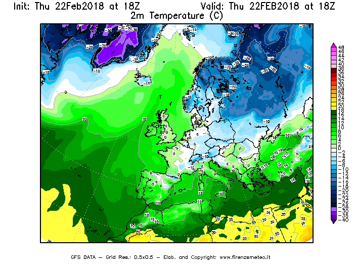 Mappa di analisi GFS - Temperatura a 2 metri dal suolo [°C] in Europa
							del 22/02/2018 18 <!--googleoff: index-->UTC<!--googleon: index-->