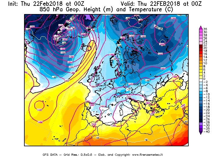 Mappa di analisi GFS - Geopotenziale [m] e Temperatura [°C] a 850 hPa in Europa
							del 22/02/2018 00 <!--googleoff: index-->UTC<!--googleon: index-->