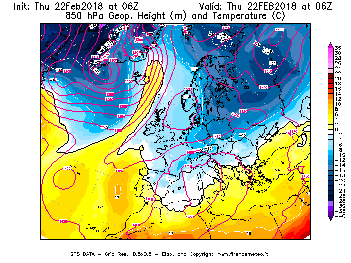Mappa di analisi GFS - Geopotenziale [m] e Temperatura [°C] a 850 hPa in Europa
							del 22/02/2018 06 <!--googleoff: index-->UTC<!--googleon: index-->
