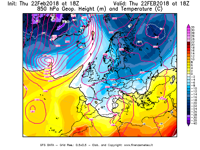 Mappa di analisi GFS - Geopotenziale [m] e Temperatura [°C] a 850 hPa in Europa
							del 22/02/2018 18 <!--googleoff: index-->UTC<!--googleon: index-->