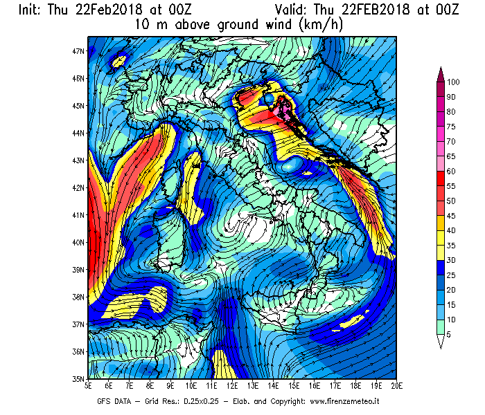 Mappa di analisi GFS - Velocità del vento a 10 metri dal suolo [km/h] in Italia
							del 22/02/2018 00 <!--googleoff: index-->UTC<!--googleon: index-->