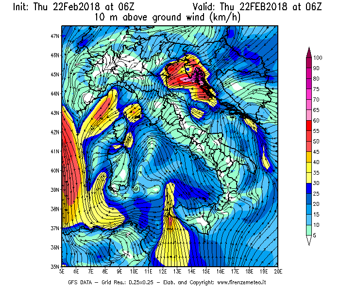 Mappa di analisi GFS - Velocità del vento a 10 metri dal suolo [km/h] in Italia
							del 22/02/2018 06 <!--googleoff: index-->UTC<!--googleon: index-->