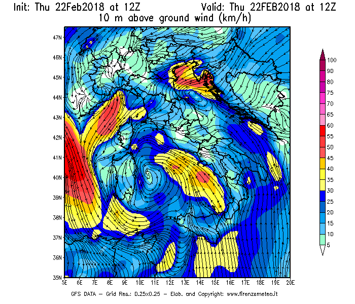 Mappa di analisi GFS - Velocità del vento a 10 metri dal suolo [km/h] in Italia
							del 22/02/2018 12 <!--googleoff: index-->UTC<!--googleon: index-->