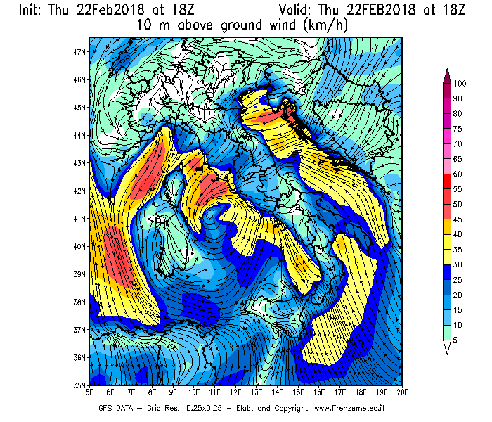 Mappa di analisi GFS - Velocità del vento a 10 metri dal suolo [km/h] in Italia
							del 22/02/2018 18 <!--googleoff: index-->UTC<!--googleon: index-->