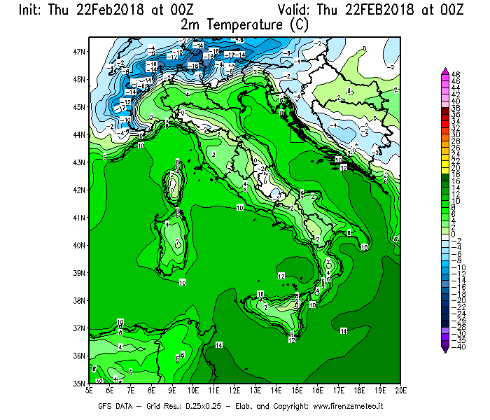 Mappa di analisi GFS - Temperatura a 2 metri dal suolo [°C] in Italia
							del 22/02/2018 00 <!--googleoff: index-->UTC<!--googleon: index-->