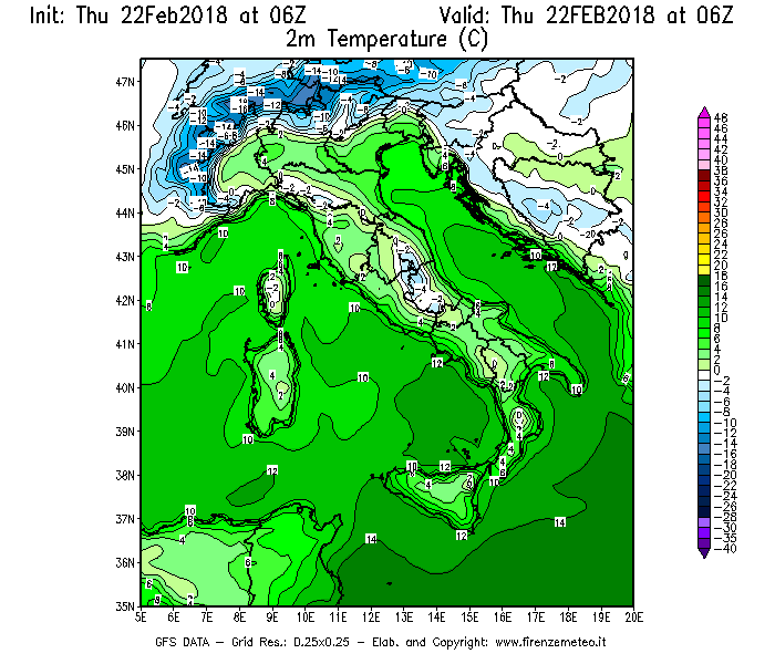 Mappa di analisi GFS - Temperatura a 2 metri dal suolo [°C] in Italia
							del 22/02/2018 06 <!--googleoff: index-->UTC<!--googleon: index-->