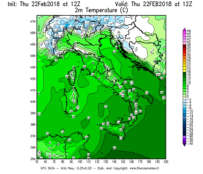 Mappa di analisi GFS - Temperatura a 2 metri dal suolo [°C] in Italia
							del 22/02/2018 12 <!--googleoff: index-->UTC<!--googleon: index-->