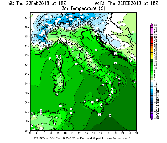 Mappa di analisi GFS - Temperatura a 2 metri dal suolo [°C] in Italia
							del 22/02/2018 18 <!--googleoff: index-->UTC<!--googleon: index-->