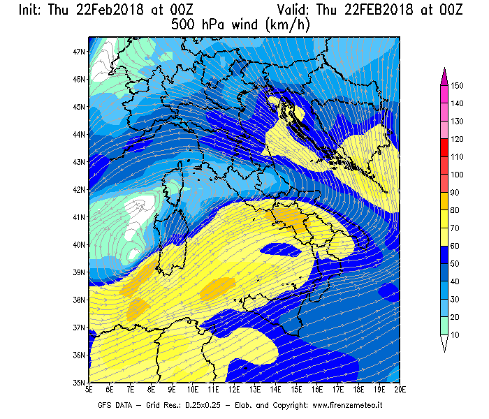 Mappa di analisi GFS - Velocità del vento a 500 hPa [km/h] in Italia
							del 22/02/2018 00 <!--googleoff: index-->UTC<!--googleon: index-->
