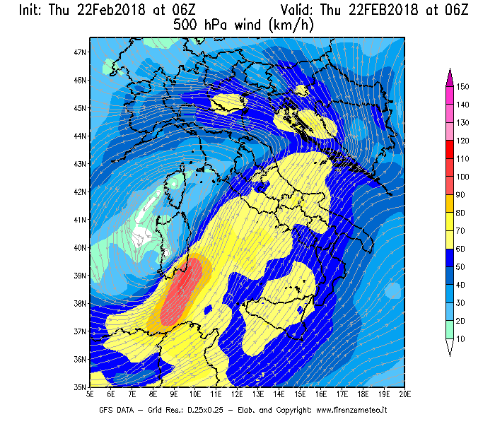 Mappa di analisi GFS - Velocità del vento a 500 hPa [km/h] in Italia
							del 22/02/2018 06 <!--googleoff: index-->UTC<!--googleon: index-->