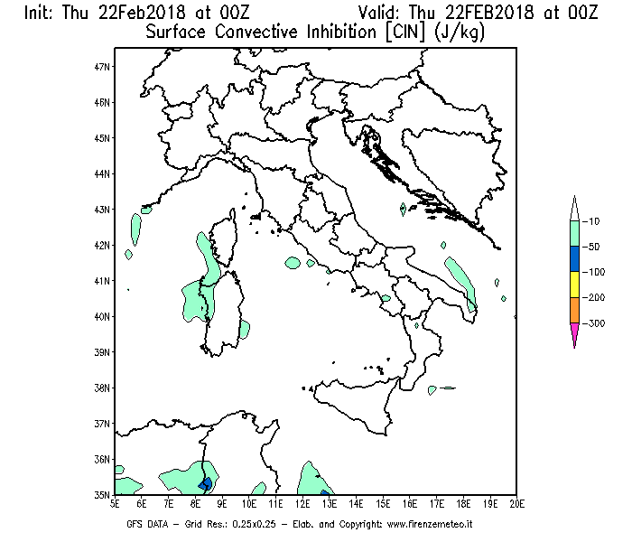 Mappa di analisi GFS - CIN [J/kg] in Italia
							del 22/02/2018 00 <!--googleoff: index-->UTC<!--googleon: index-->