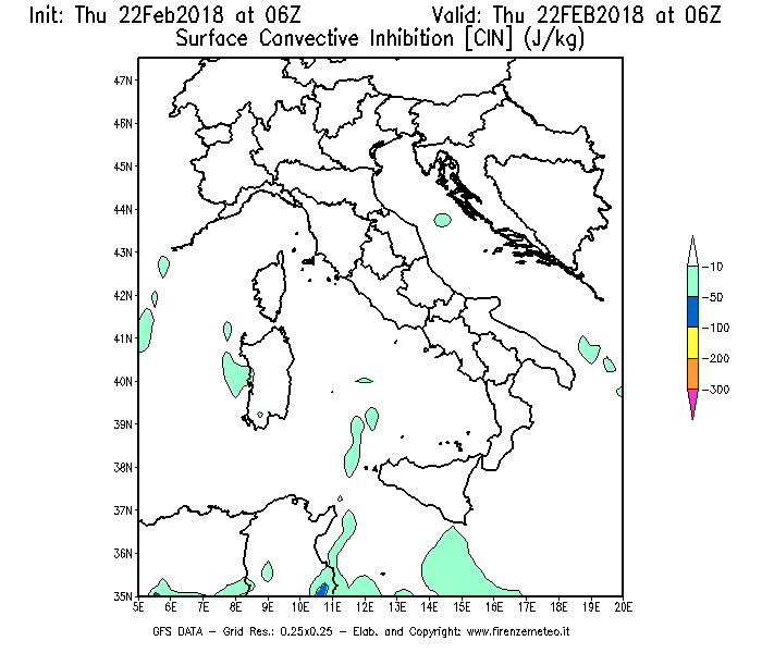 Mappa di analisi GFS - CIN [J/kg] in Italia
							del 22/02/2018 06 <!--googleoff: index-->UTC<!--googleon: index-->