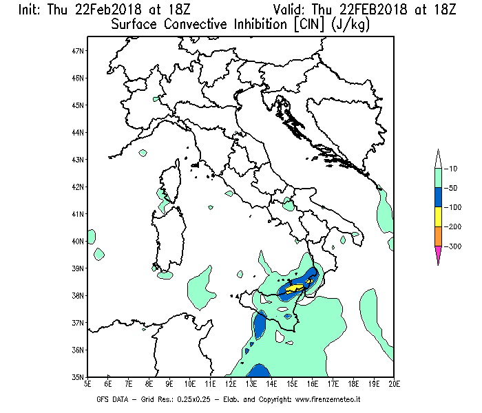 Mappa di analisi GFS - CIN [J/kg] in Italia
							del 22/02/2018 18 <!--googleoff: index-->UTC<!--googleon: index-->