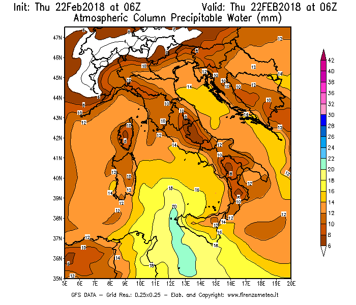 Mappa di analisi GFS - Precipitable Water [mm] in Italia
							del 22/02/2018 06 <!--googleoff: index-->UTC<!--googleon: index-->