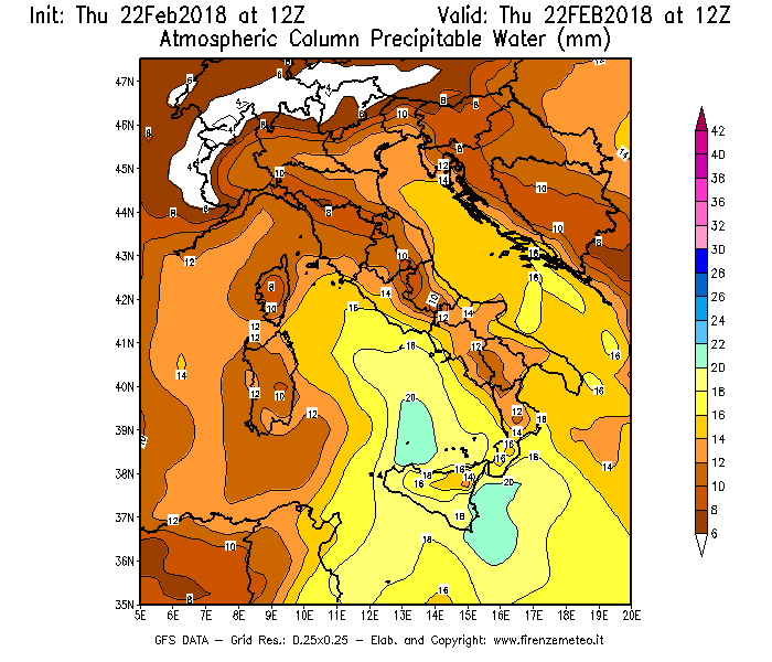 Mappa di analisi GFS - Precipitable Water [mm] in Italia
							del 22/02/2018 12 <!--googleoff: index-->UTC<!--googleon: index-->