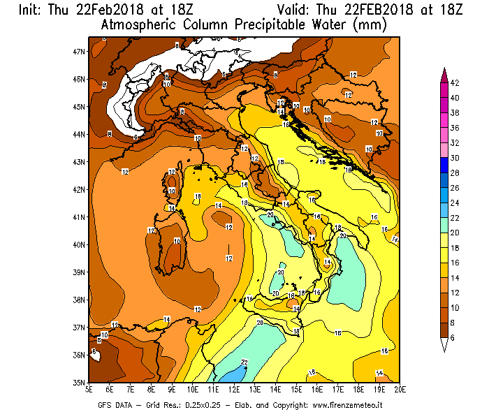 Mappa di analisi GFS - Precipitable Water [mm] in Italia
							del 22/02/2018 18 <!--googleoff: index-->UTC<!--googleon: index-->
