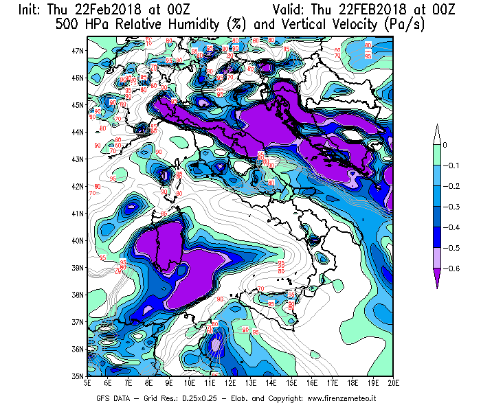 Mappa di analisi GFS - Umidità relativa [%] e Omega [Pa/s] a 500 hPa in Italia
							del 22/02/2018 00 <!--googleoff: index-->UTC<!--googleon: index-->