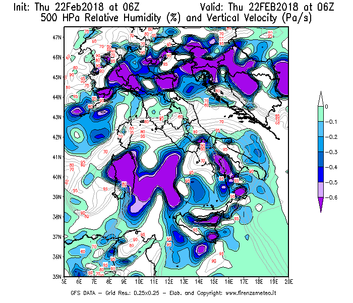 Mappa di analisi GFS - Umidità relativa [%] e Omega [Pa/s] a 500 hPa in Italia
							del 22/02/2018 06 <!--googleoff: index-->UTC<!--googleon: index-->