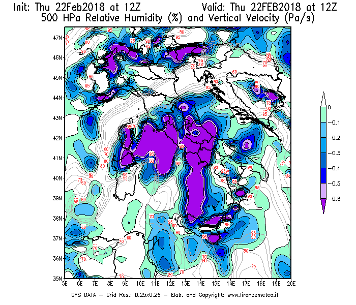 Mappa di analisi GFS - Umidità relativa [%] e Omega [Pa/s] a 500 hPa in Italia
							del 22/02/2018 12 <!--googleoff: index-->UTC<!--googleon: index-->