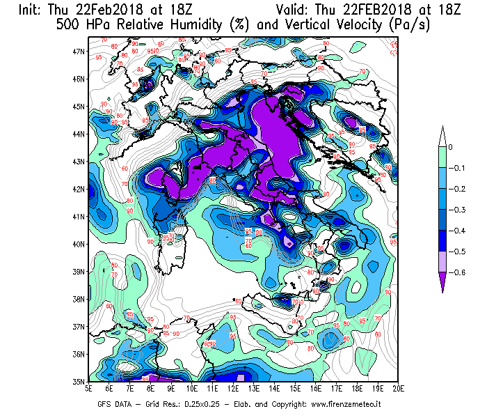 Mappa di analisi GFS - Umidità relativa [%] e Omega [Pa/s] a 500 hPa in Italia
							del 22/02/2018 18 <!--googleoff: index-->UTC<!--googleon: index-->