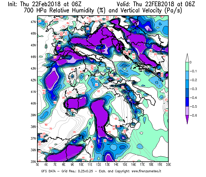 Mappa di analisi GFS - Umidità relativa [%] e Omega [Pa/s] a 700 hPa in Italia
							del 22/02/2018 06 <!--googleoff: index-->UTC<!--googleon: index-->