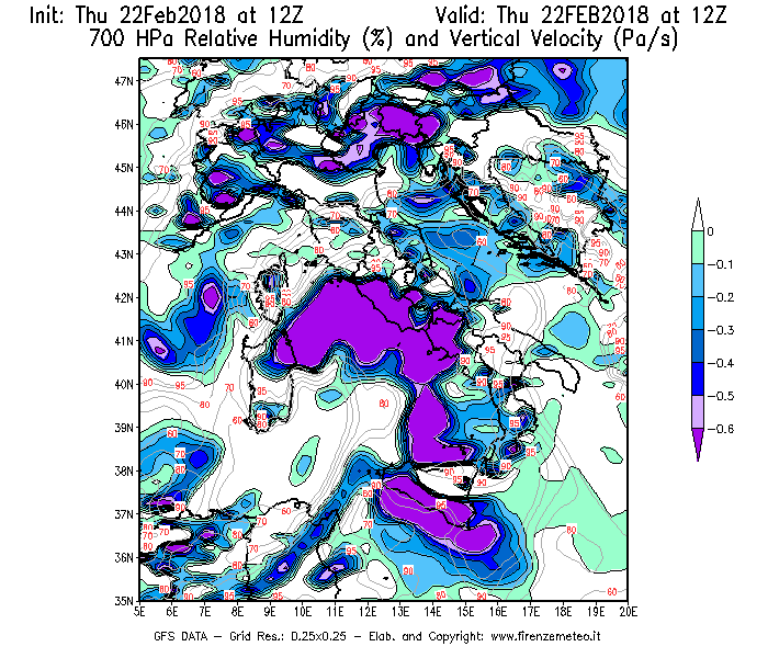 Mappa di analisi GFS - Umidità relativa [%] e Omega [Pa/s] a 700 hPa in Italia
							del 22/02/2018 12 <!--googleoff: index-->UTC<!--googleon: index-->