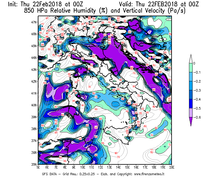 Mappa di analisi GFS - Umidità relativa [%] e Omega [Pa/s] a 850 hPa in Italia
							del 22/02/2018 00 <!--googleoff: index-->UTC<!--googleon: index-->
