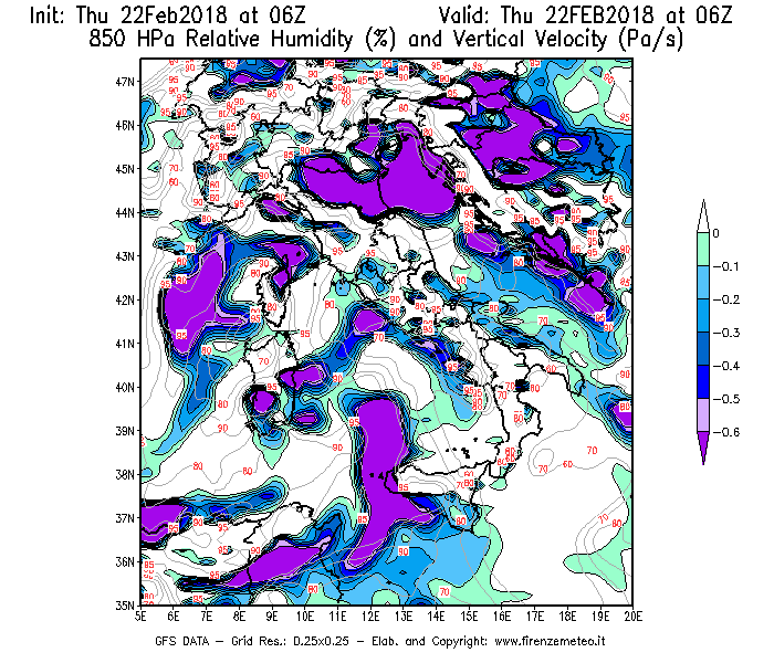 Mappa di analisi GFS - Umidità relativa [%] e Omega [Pa/s] a 850 hPa in Italia
							del 22/02/2018 06 <!--googleoff: index-->UTC<!--googleon: index-->