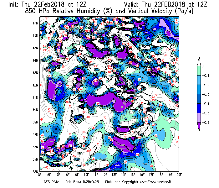 Mappa di analisi GFS - Umidità relativa [%] e Omega [Pa/s] a 850 hPa in Italia
							del 22/02/2018 12 <!--googleoff: index-->UTC<!--googleon: index-->