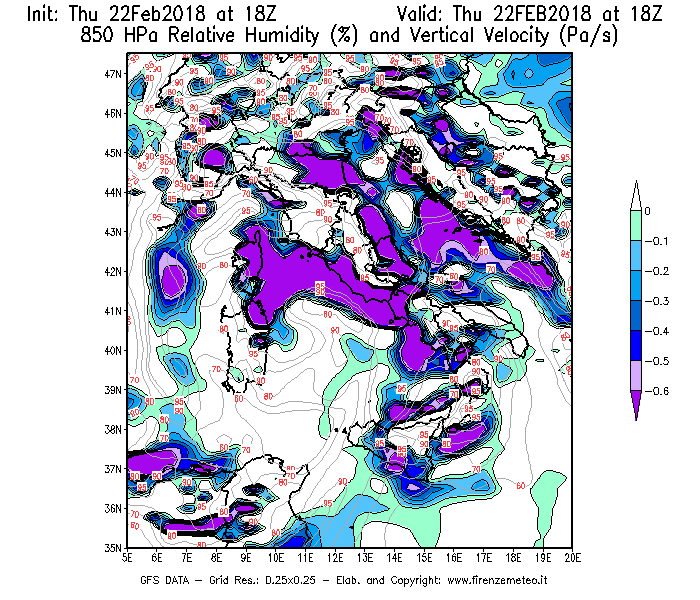 Mappa di analisi GFS - Umidità relativa [%] e Omega [Pa/s] a 850 hPa in Italia
							del 22/02/2018 18 <!--googleoff: index-->UTC<!--googleon: index-->