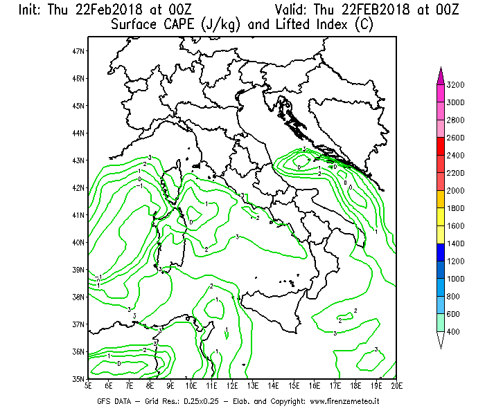 Mappa di analisi GFS - CAPE [J/kg] e Lifted Index [°C] in Italia
							del 22/02/2018 00 <!--googleoff: index-->UTC<!--googleon: index-->