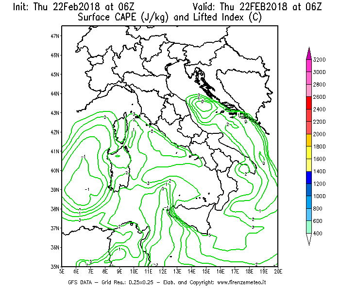 Mappa di analisi GFS - CAPE [J/kg] e Lifted Index [°C] in Italia
							del 22/02/2018 06 <!--googleoff: index-->UTC<!--googleon: index-->