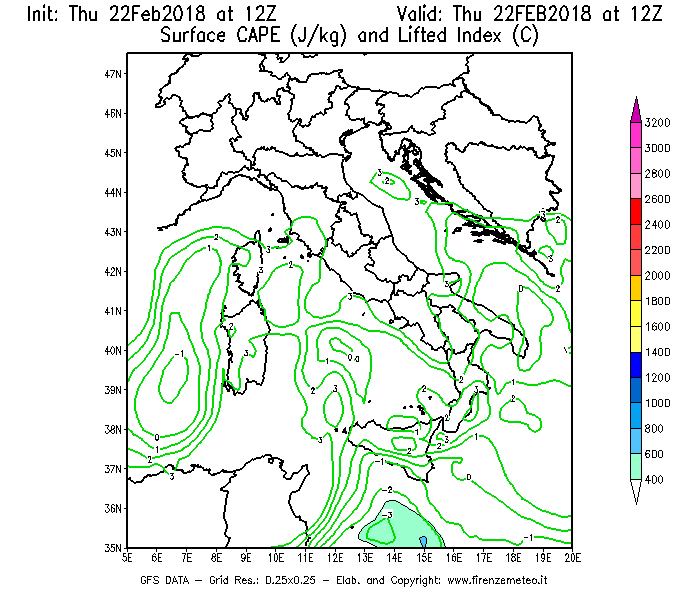 Mappa di analisi GFS - CAPE [J/kg] e Lifted Index [°C] in Italia
							del 22/02/2018 12 <!--googleoff: index-->UTC<!--googleon: index-->